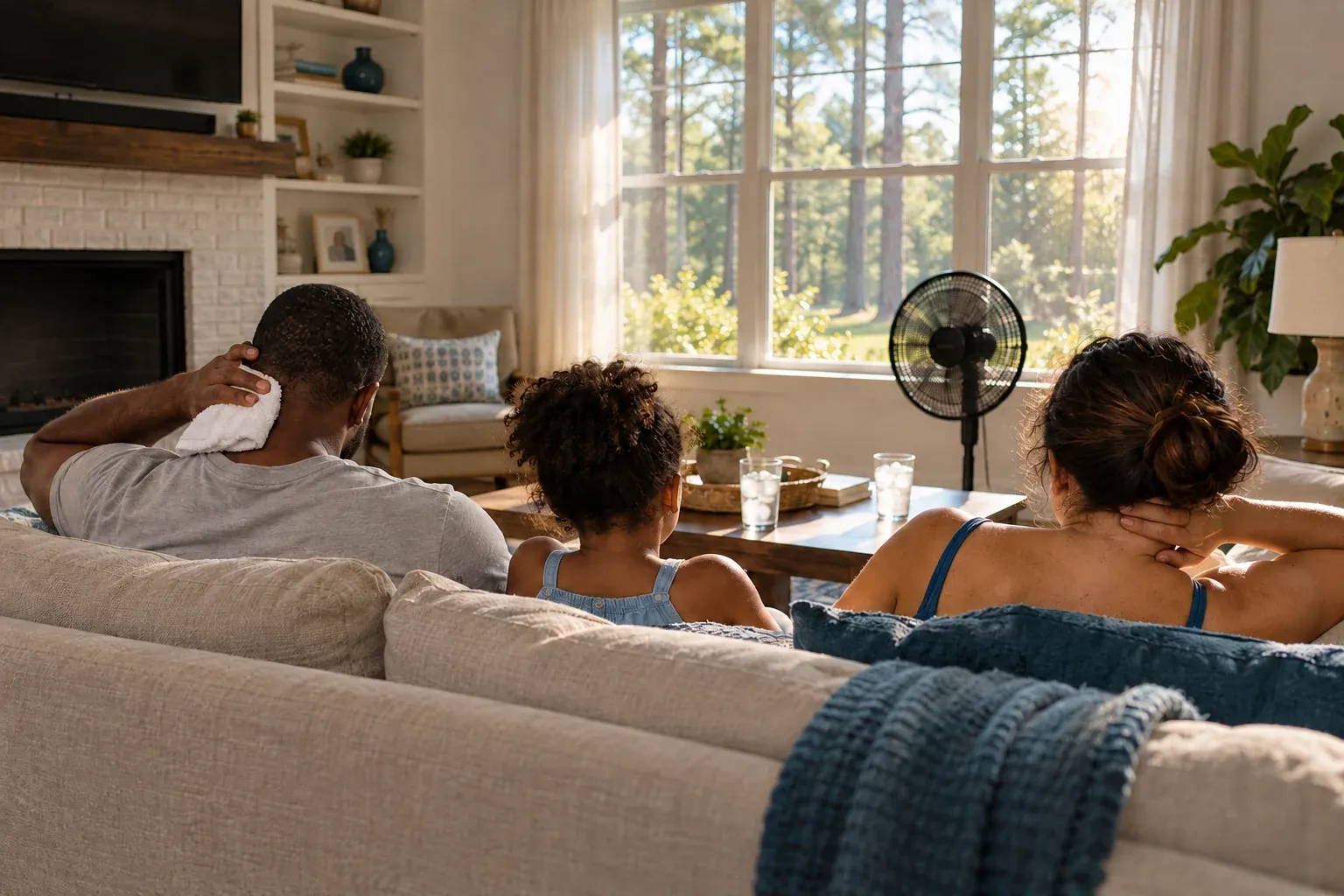 A family on the couch in a hot living room with a fan running