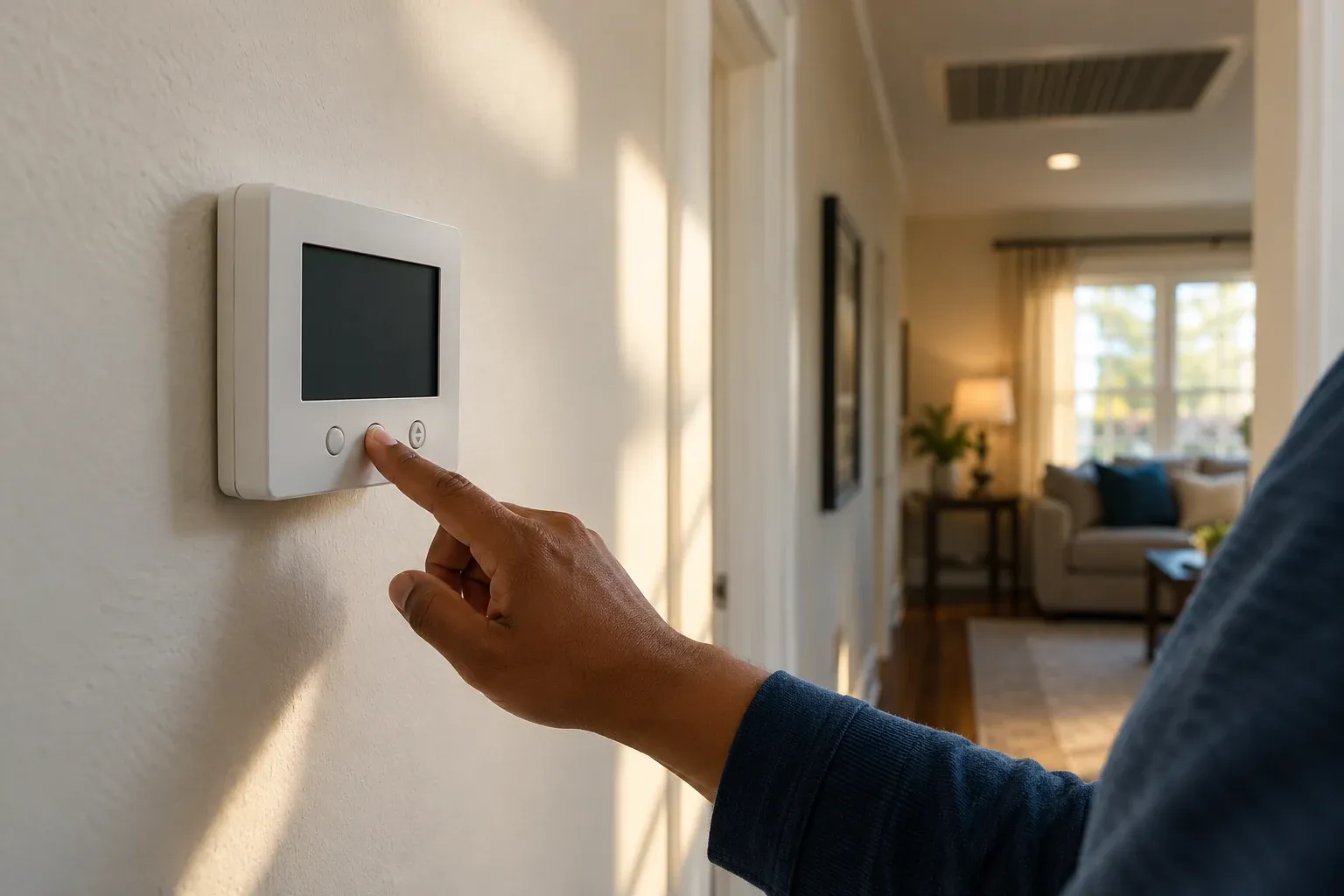 A finger presses a wall thermostat with a blank screen