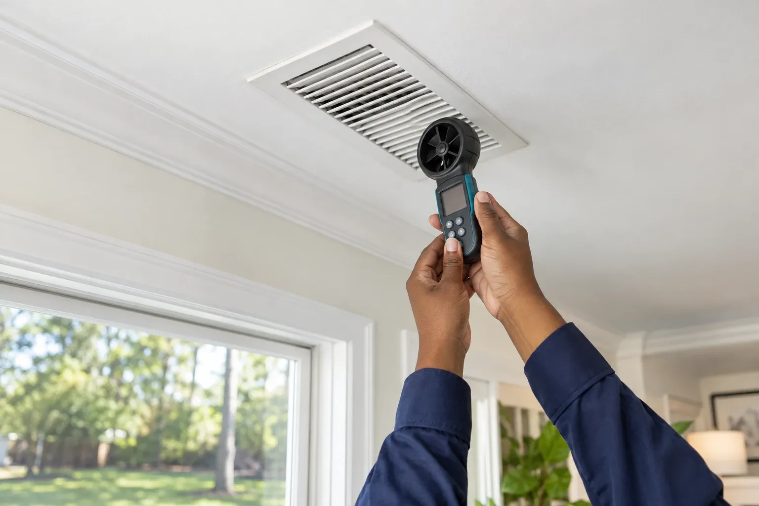 A meter held up to a ceiling vent to measure airflow