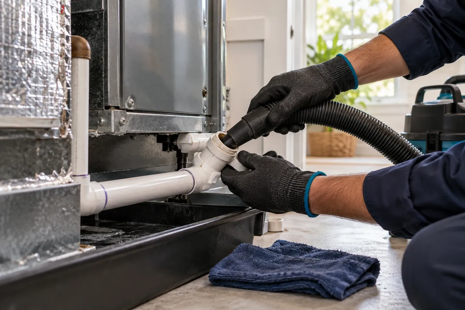 A gloved hand clears a condensate drain line with a vacuum hose