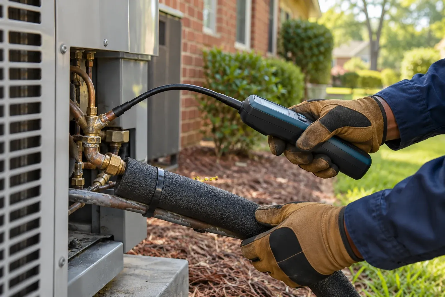 A leak detector held to the refrigerant lines of an outdoor unit