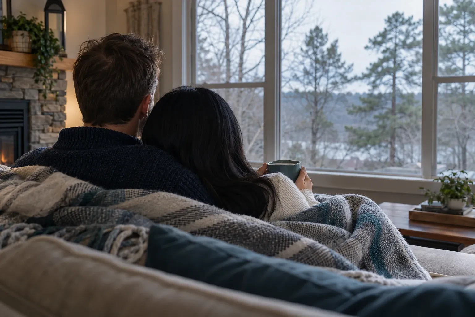 Two people wrapped in a blanket in a cold living room