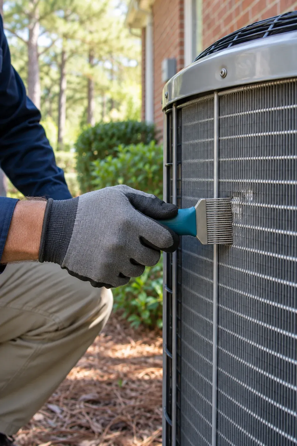 A gloved hand brushes the coil fins of an outdoor AC unit