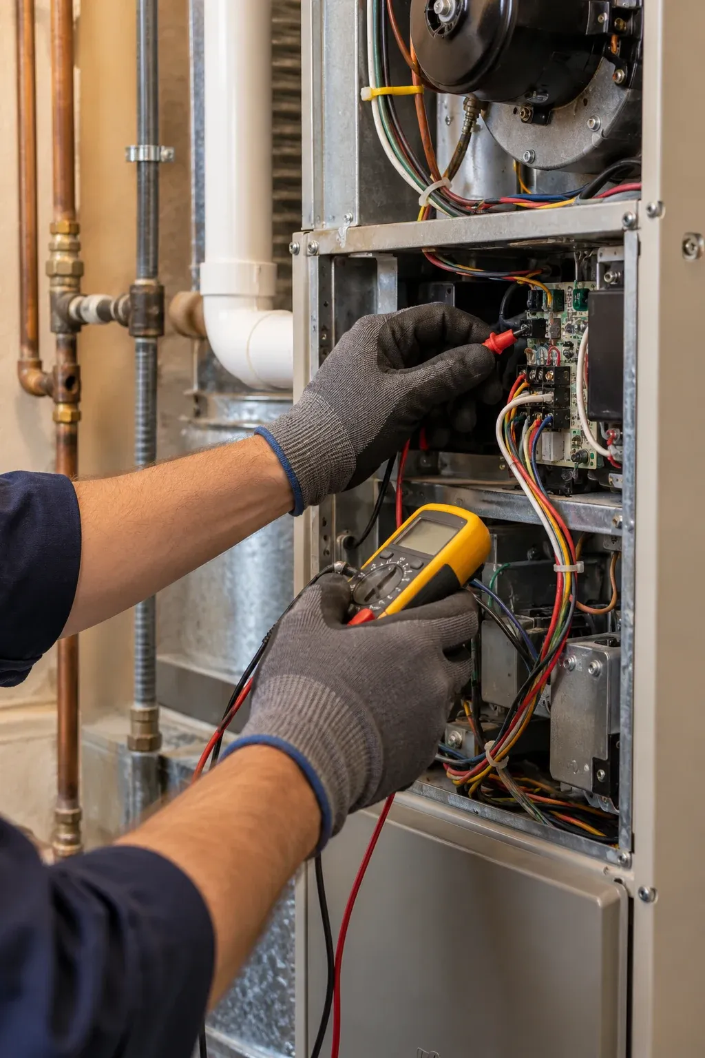 A meter tests the controls inside a furnace