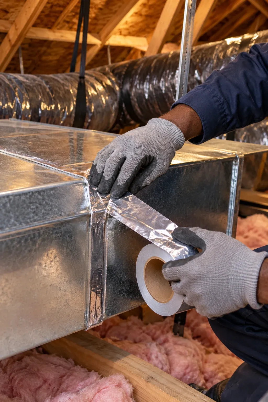 Foil tape sealing a sheet metal duct joint in an attic