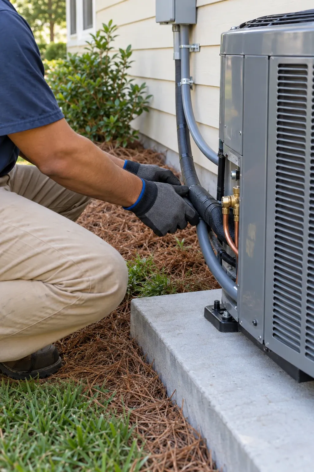 A technician connects the lines on a new outdoor unit