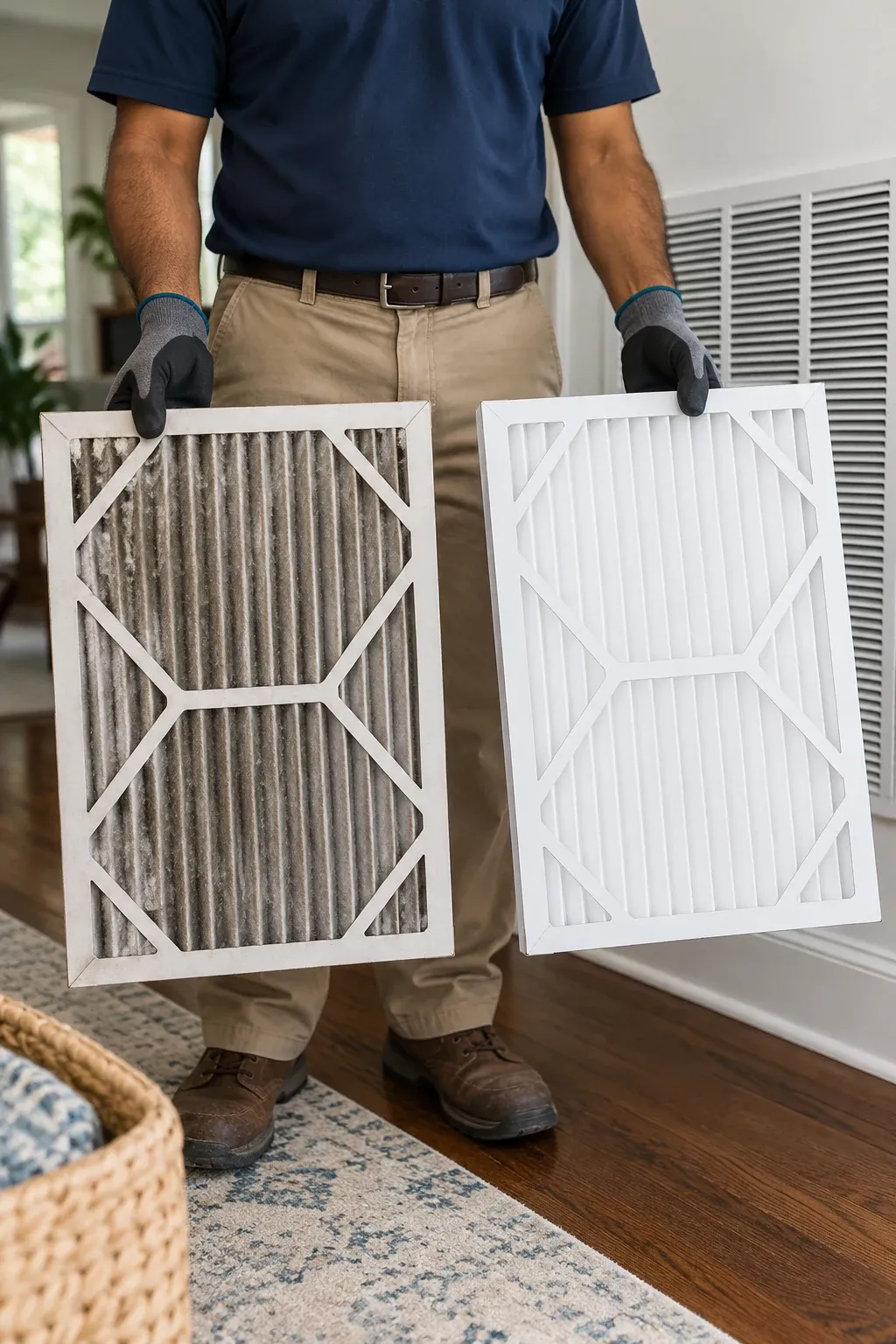 A dirty air filter held next to a clean one