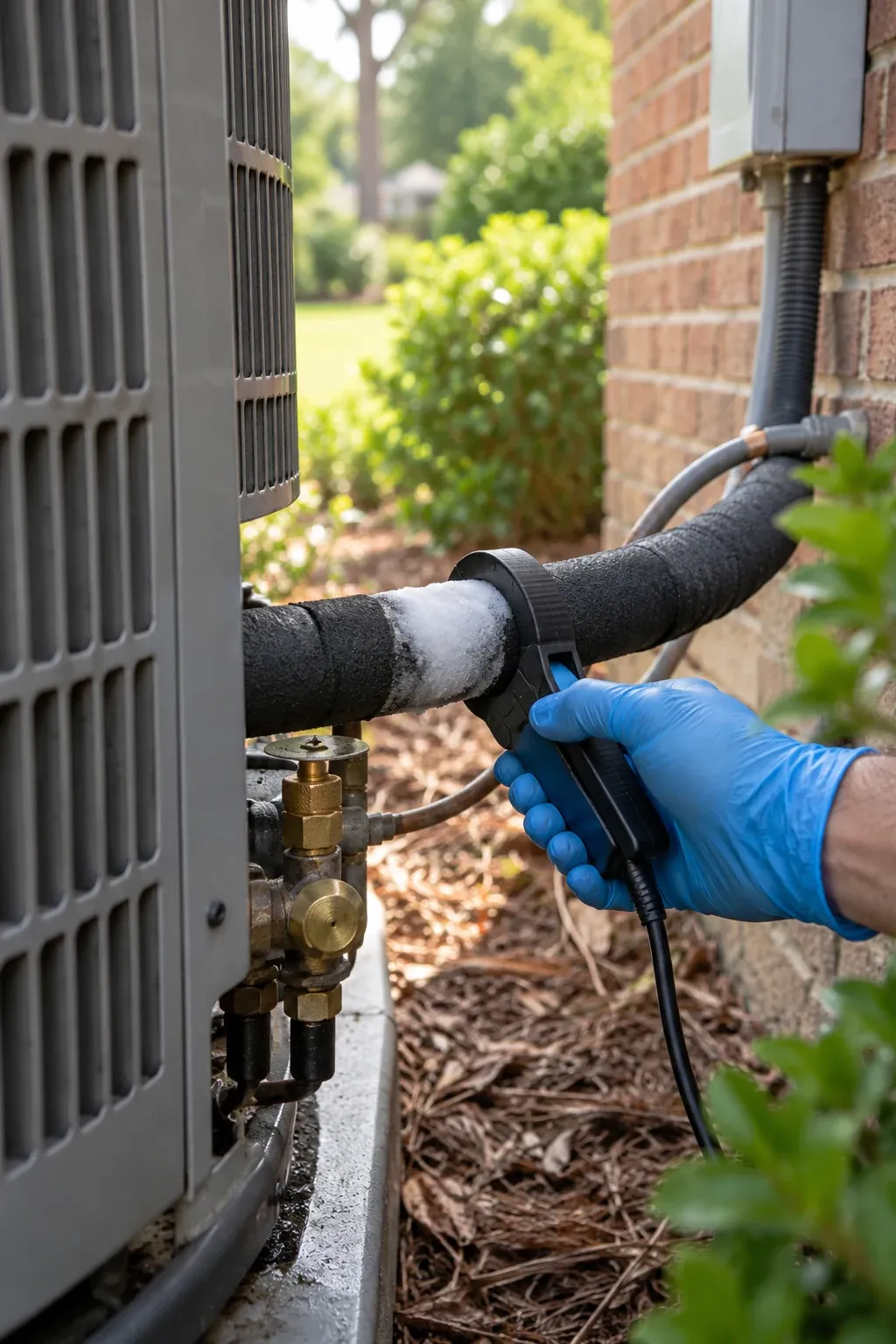Ice on the refrigerant line of an outdoor AC unit