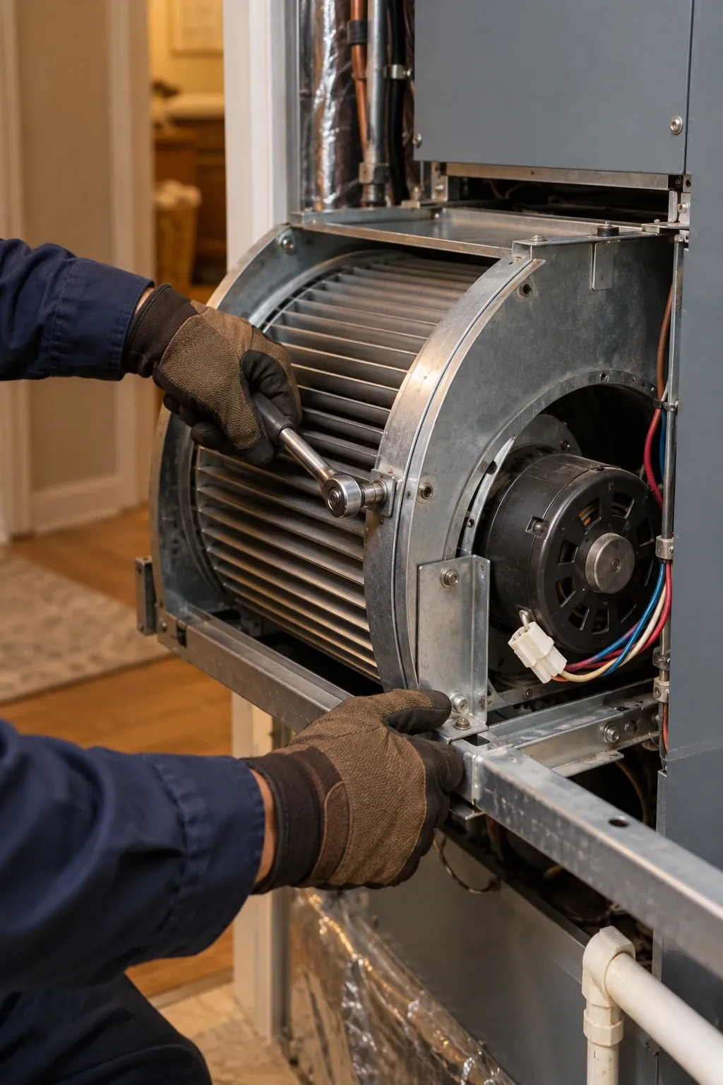 A technician works on the blower of an indoor air handler