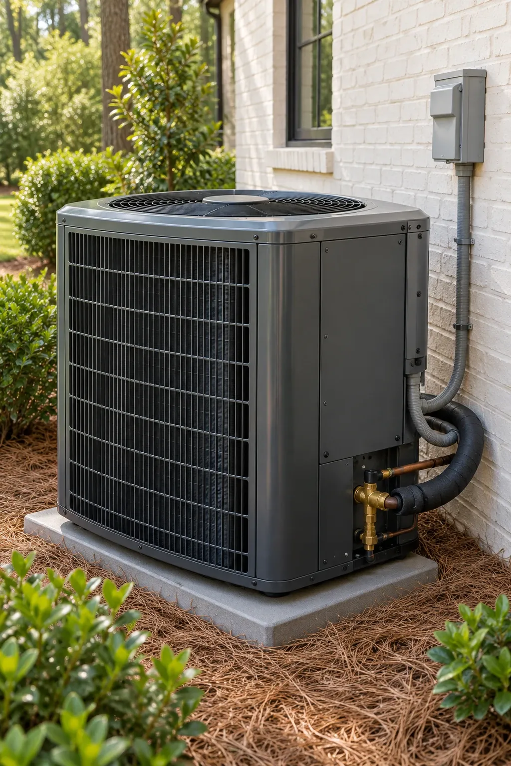 An outdoor heat pump on its pad beside a brick home