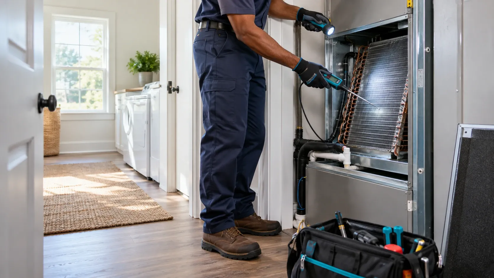 A technician checks the coil of an indoor air handler with a flashlight