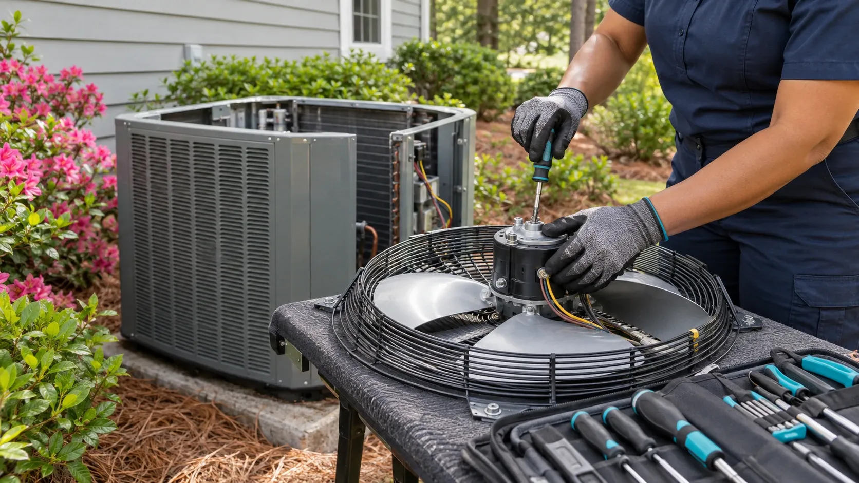 A technician services the fan motor of an outdoor AC unit