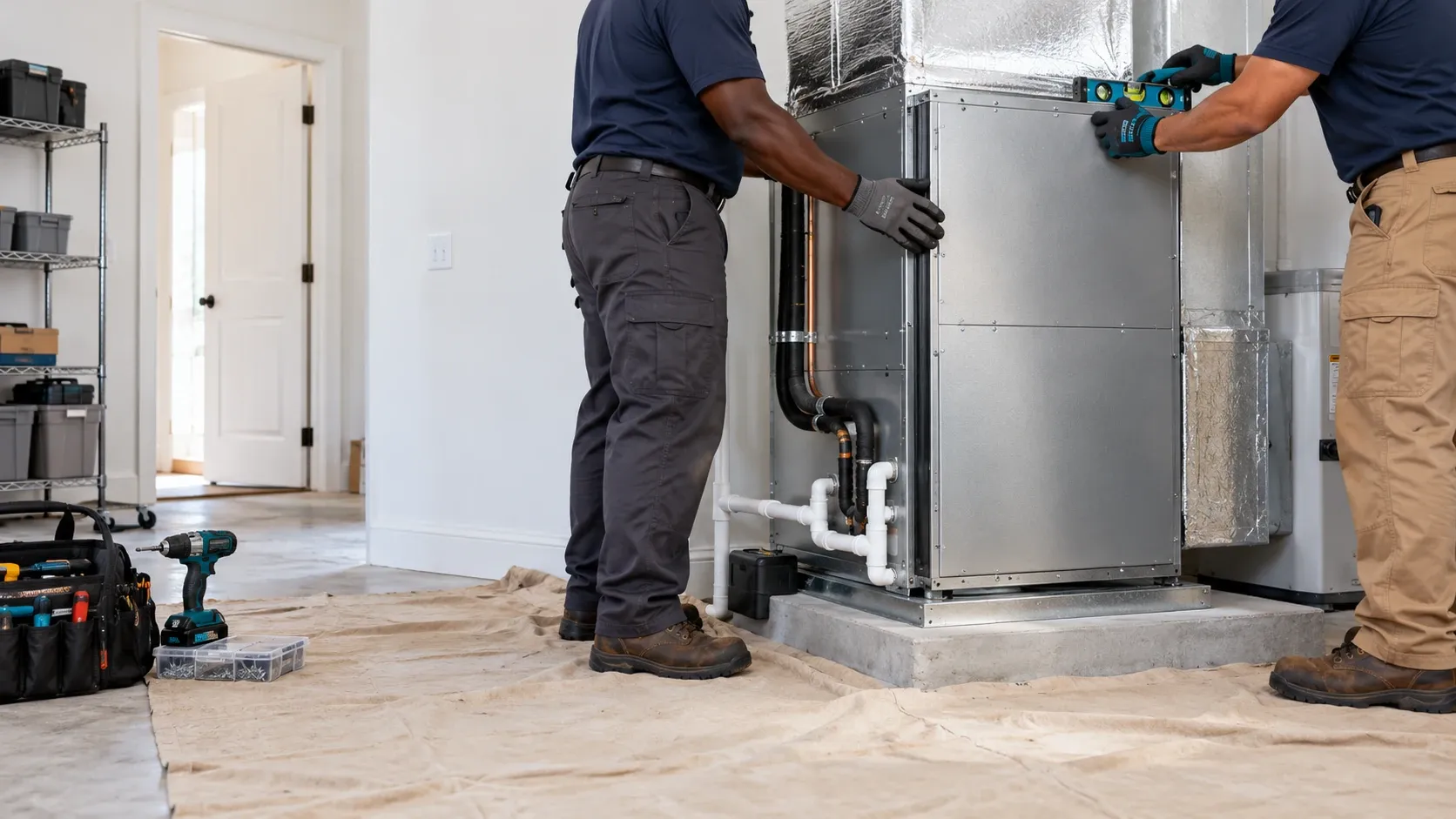 A technician sets a new indoor air handler in place