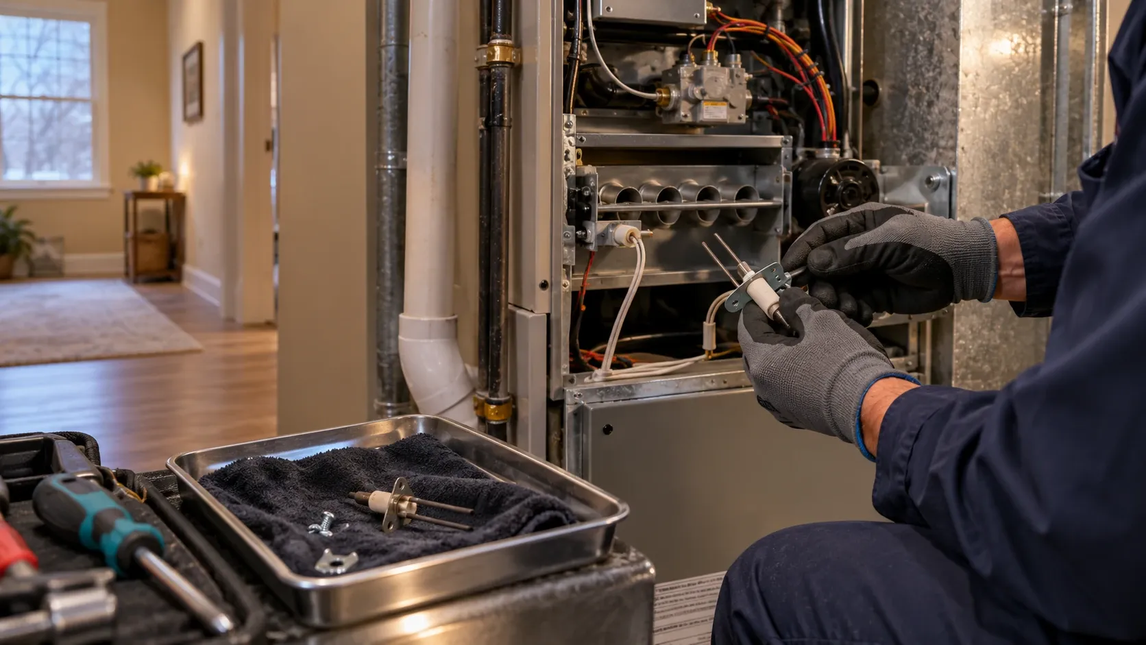 A technician holds a furnace flame sensor beside the open furnace