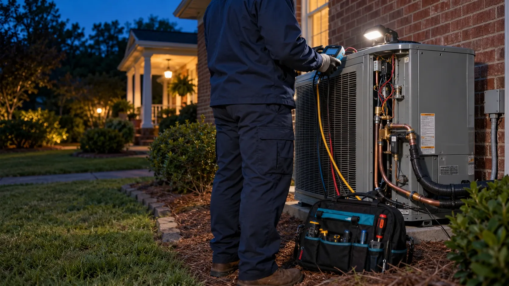 A technician works on an outdoor heat pump in the evening
