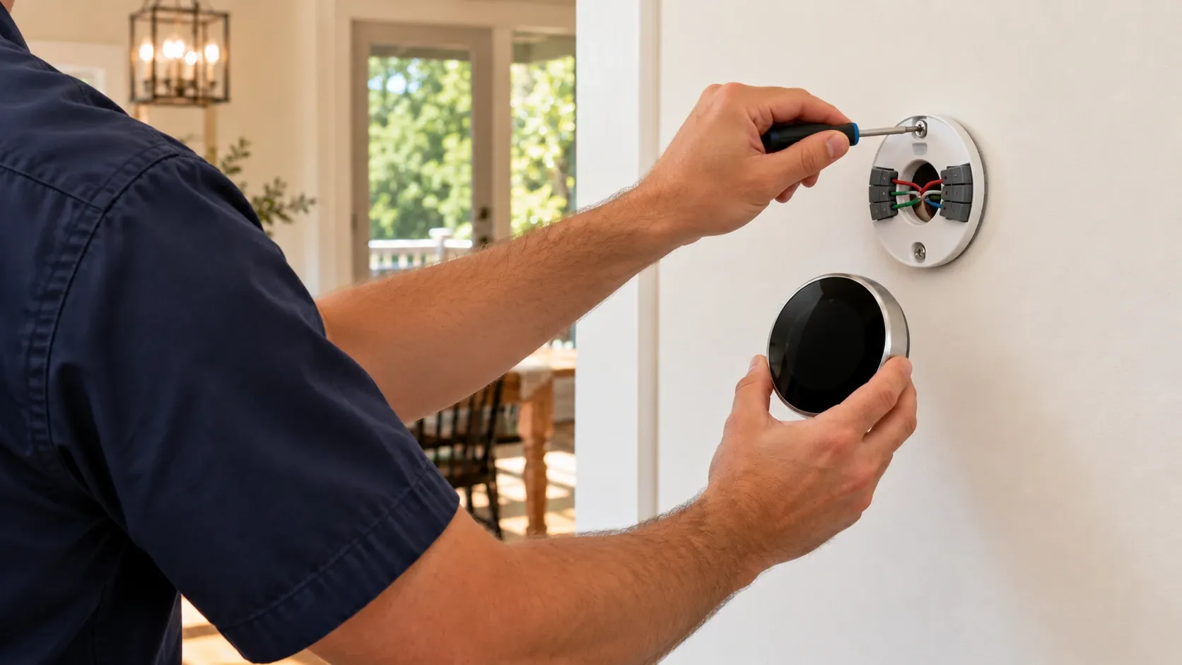 A technician wires the base plate for a new round smart thermostat