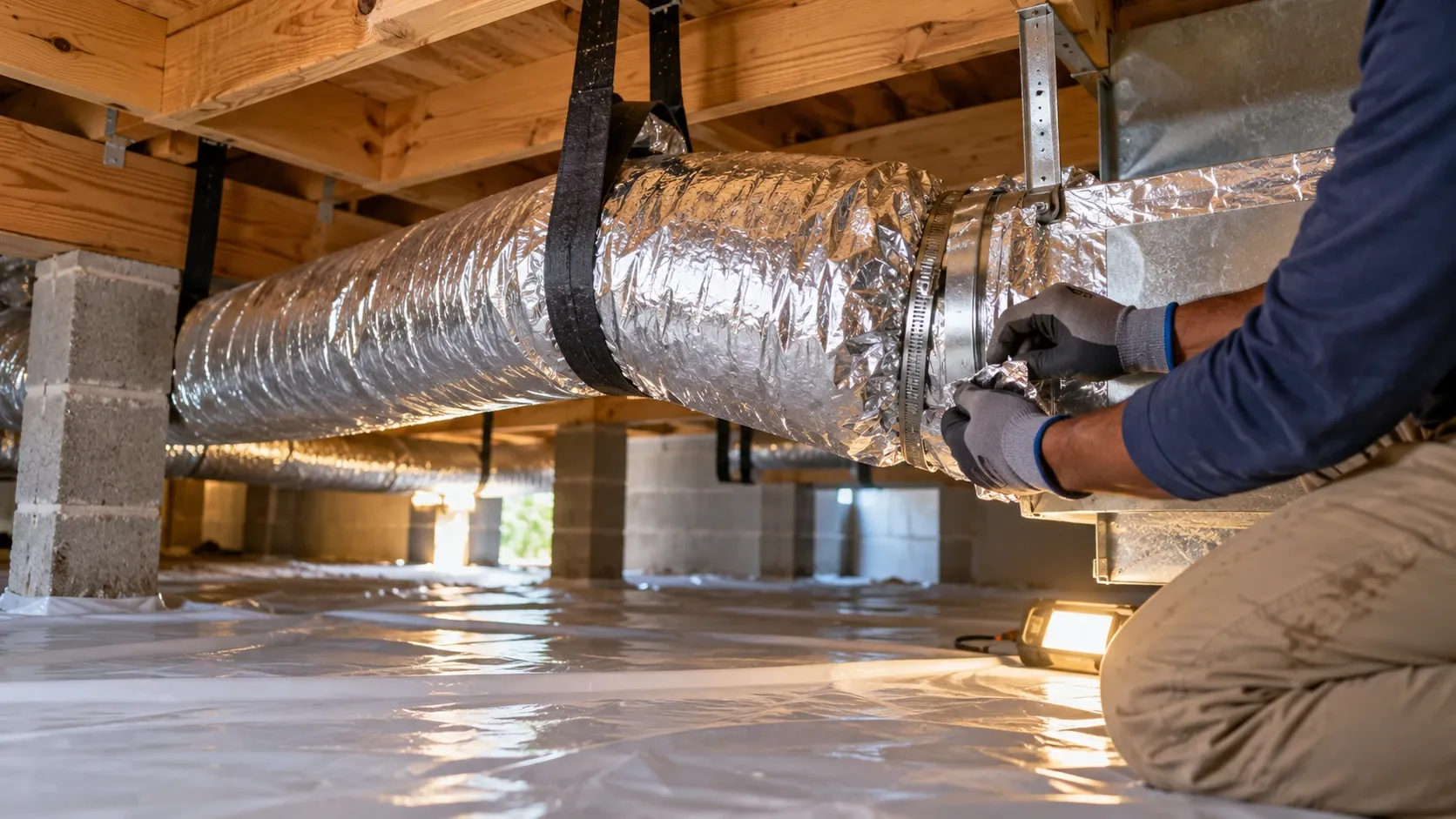 A technician wraps a duct joint in a crawlspace