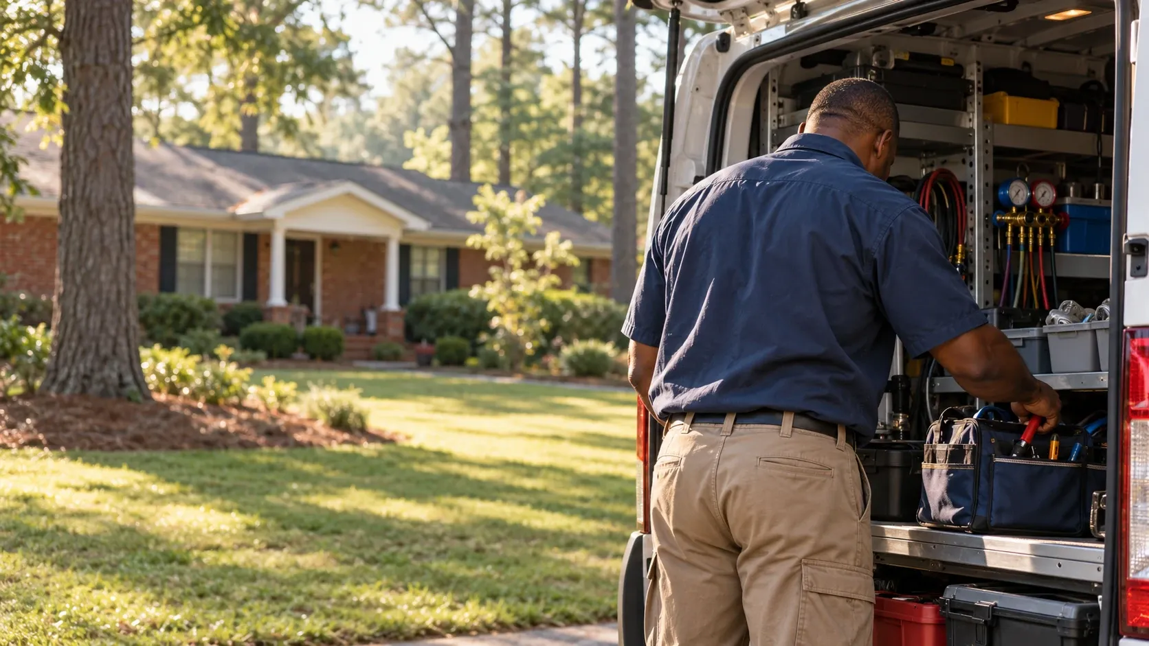 A technician gets his gauges from the back of a work van outside a brick home