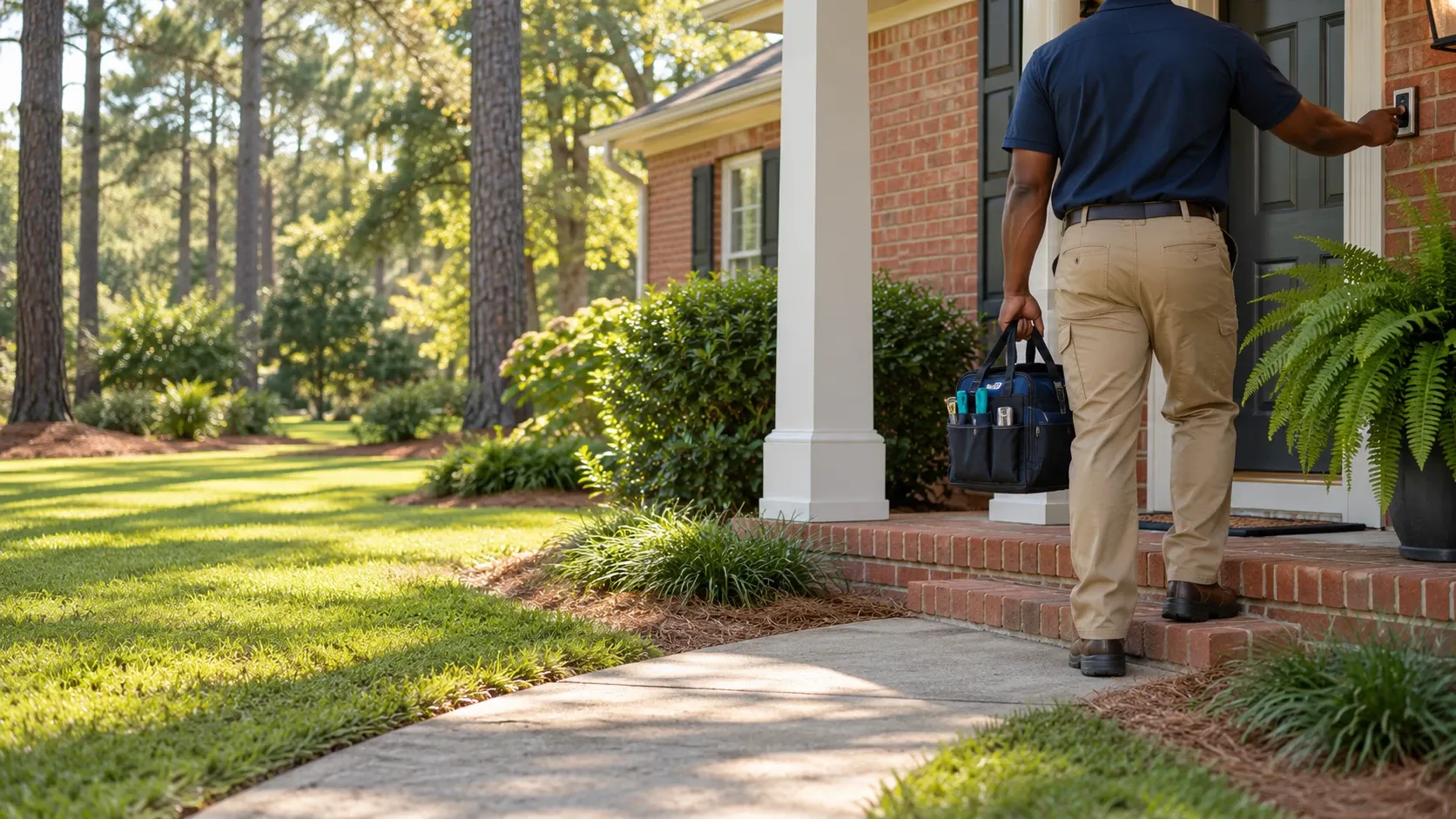 A technician with a tool bag rings the doorbell of a brick home