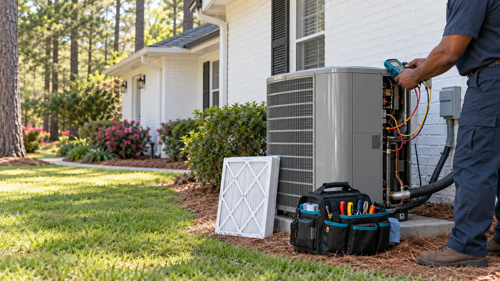 A technician tests an outdoor AC unit beside a white brick home
